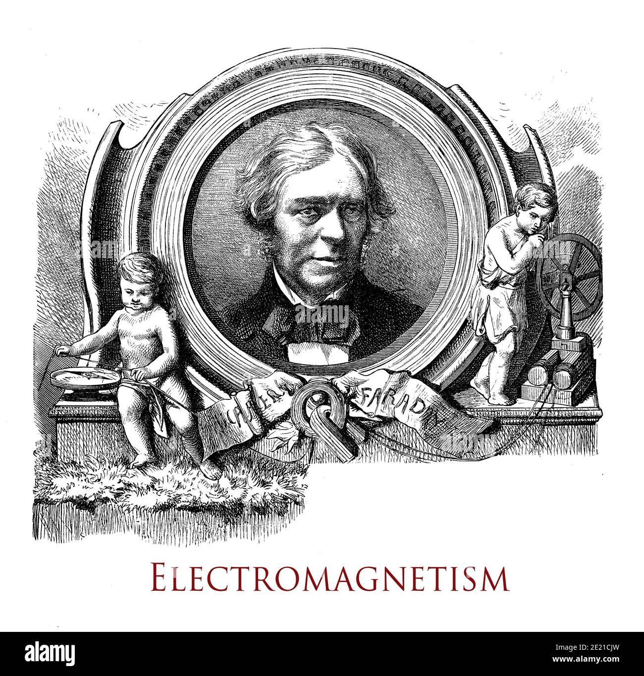Schönes typografisches Vintage-Frontkapitel über Elektromagnetismus verziert mit dem Porträt von Micheal Faraday, Wissenschaftler, der den Zusammenhang zwischen Elektrizität und Magnetismus untersucht Stockfoto
