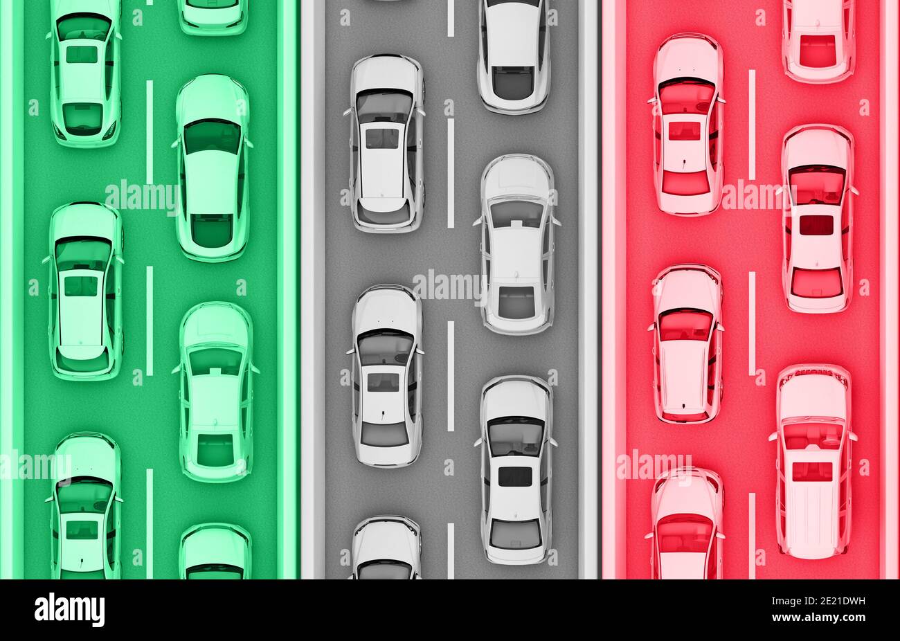 Streifen mit Autos in der Farbe der Flagge Italiens. 3d-Rendering Stockfoto