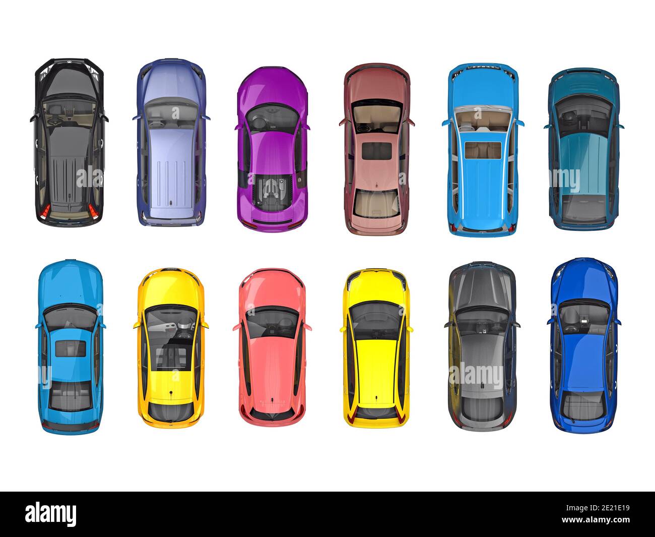 Gruppe von Autos auf Draufsicht isoliert auf weiß. 3d-Rendering Stockfoto