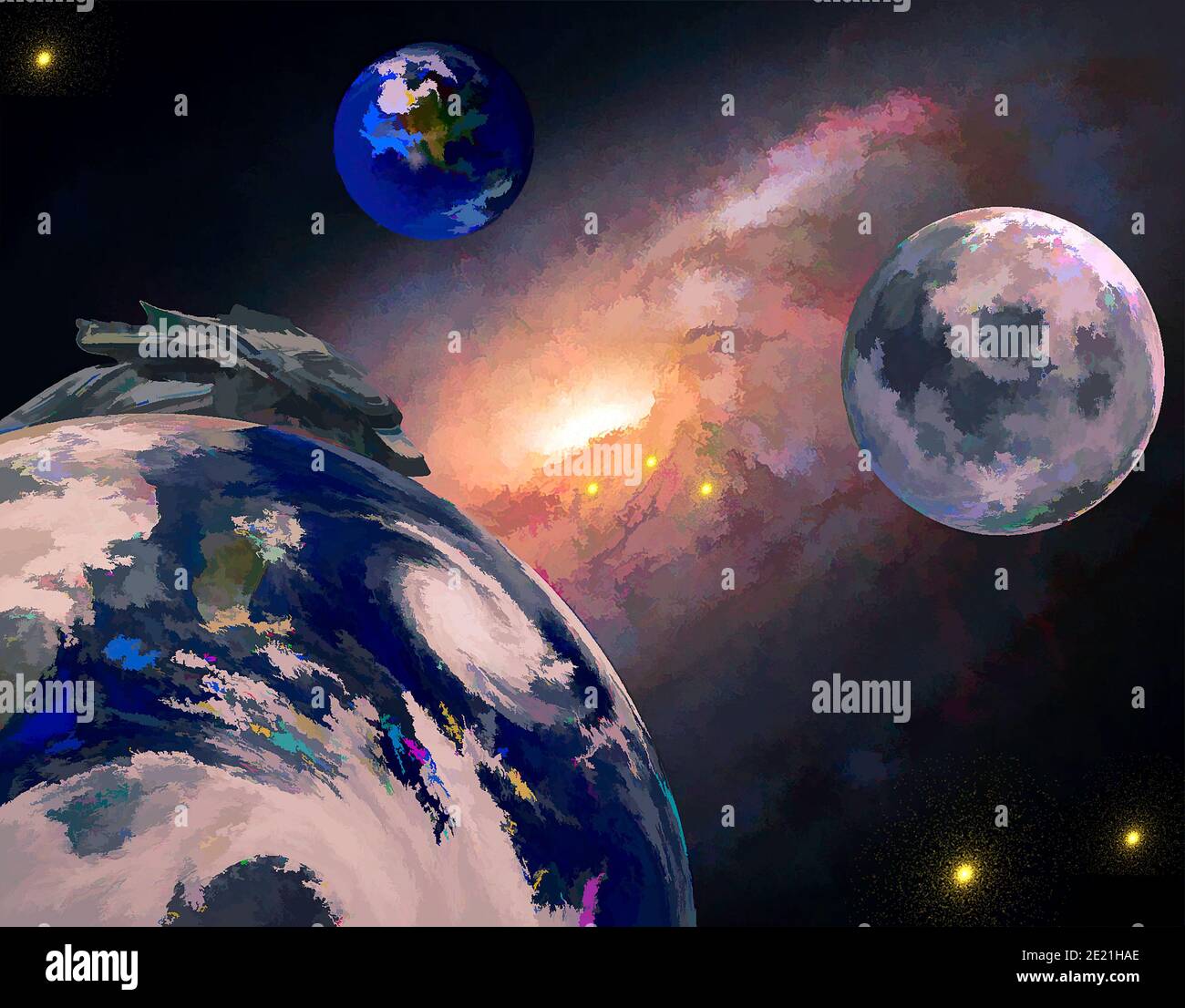 3 Planeten und auftauchendes Raumschiff irgendwo tief in der Galaxie Stockfoto