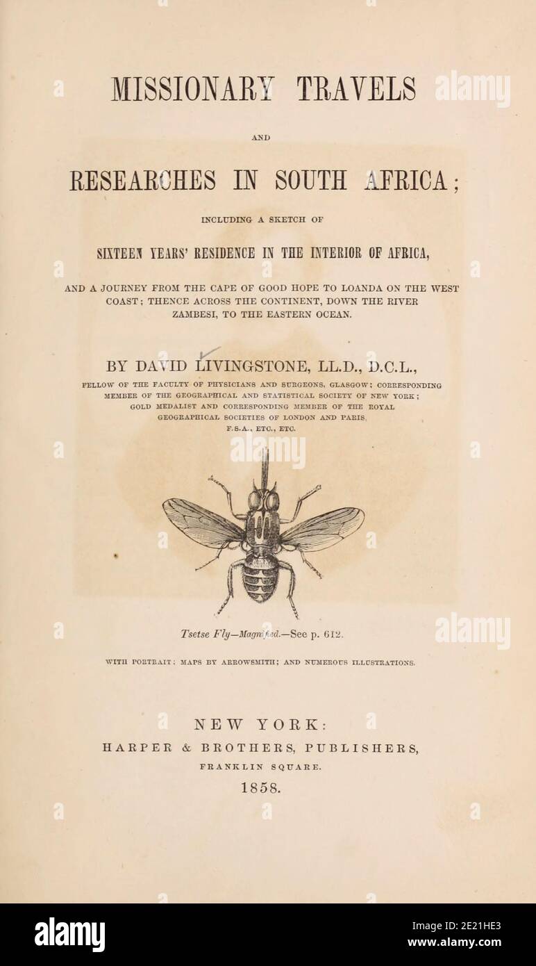 Titelseite und Credits mit vergrößerter Tsetsefliege aus dem Buch "Missionsreisen und Forschungen in Südafrika", einschließlich sechzehn Jahre Aufenthalt im Inneren Afrikas. Von Dr. David Livingstone Veröffentlicht in New York von Harper & Brothers 1858 Stockfoto