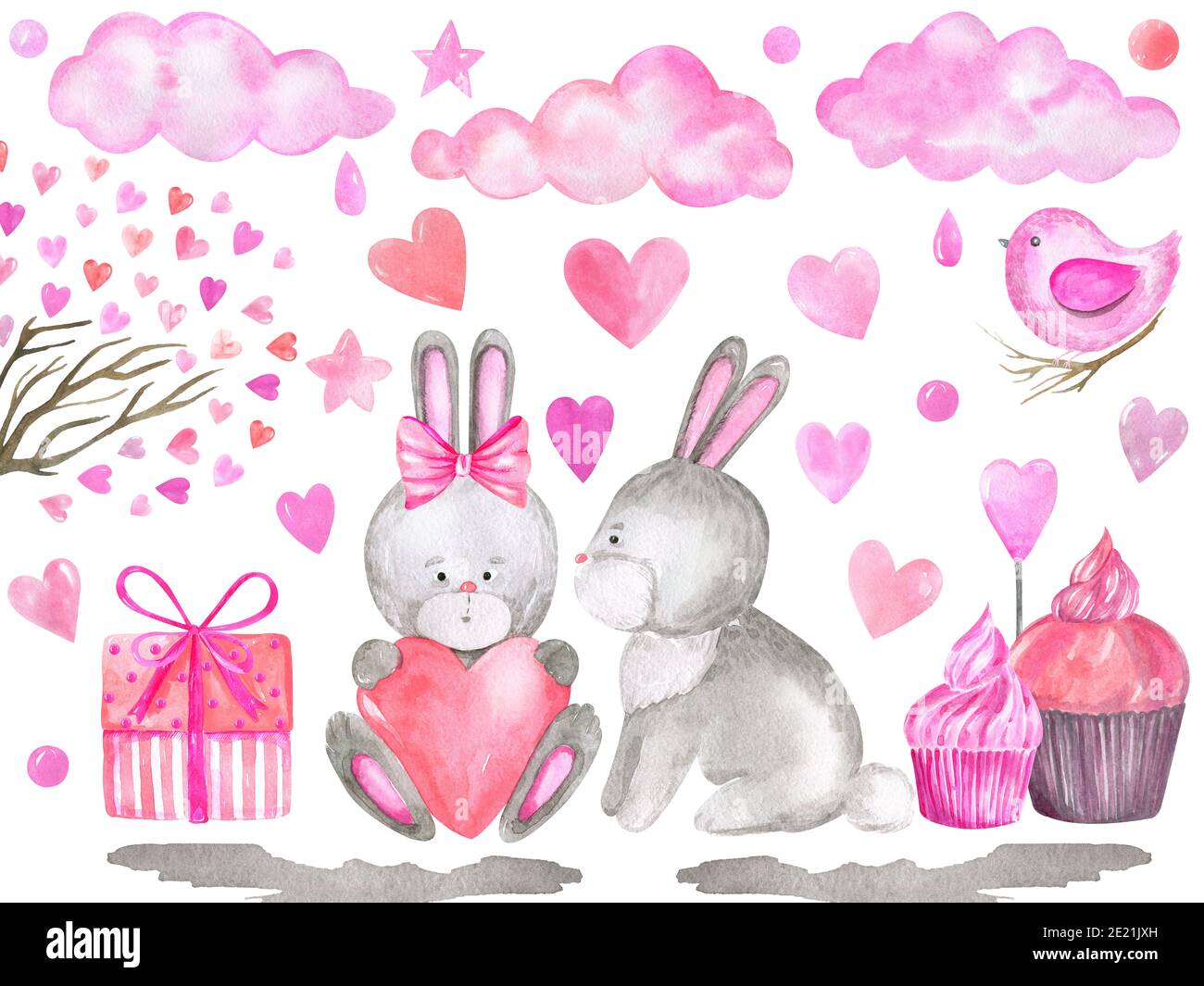 Valentinstag Hase Sammlung mit Ballons und valentine-Karte. Aquarell handbemalte Cartoon Kaninchen Liebe, Wolken, Vogel Cliparts Stockfoto