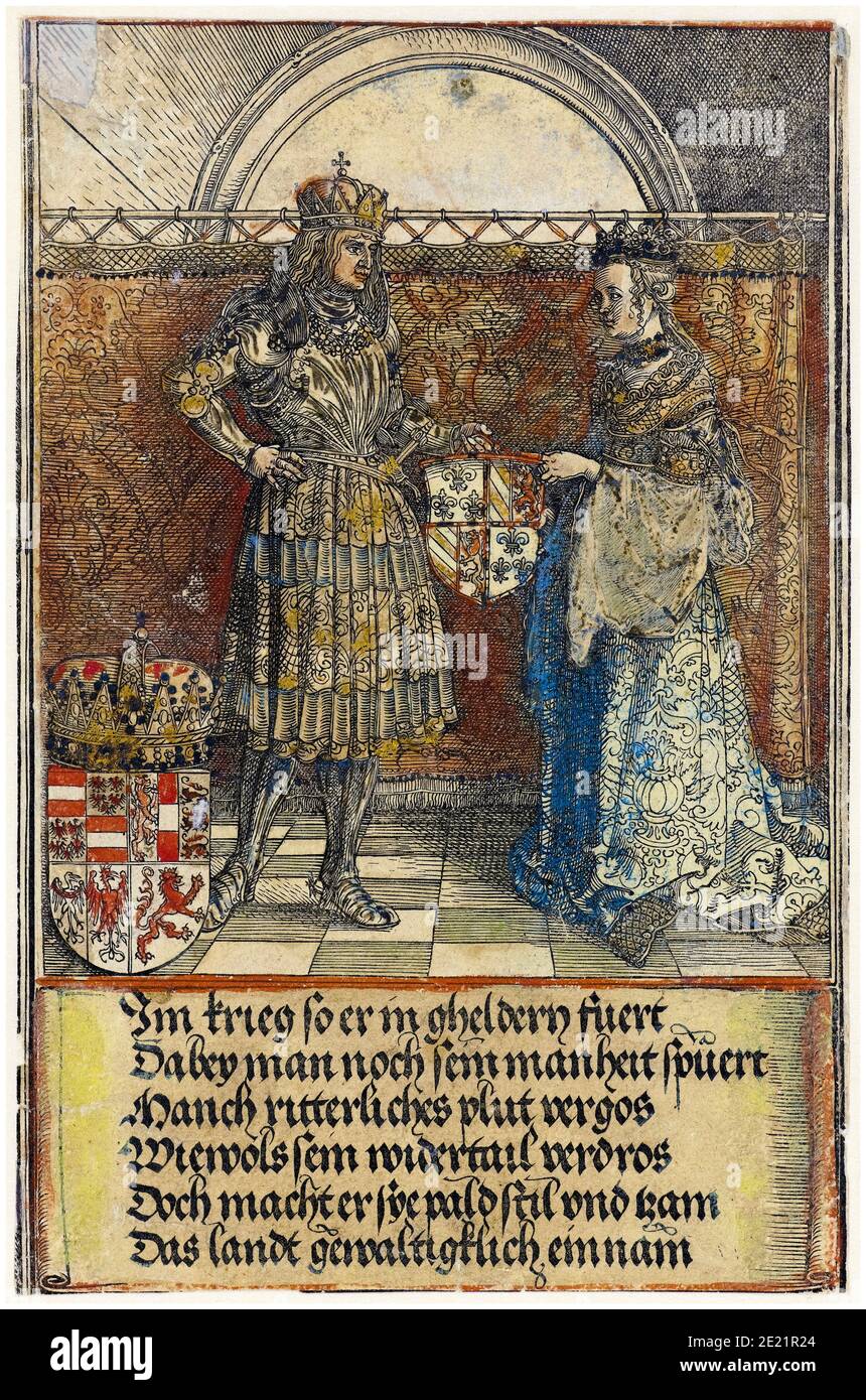 Die Ehe Maximilians I. (1459-1519), Kaiser des Heiligen Römischen Reiches, mit Maria von Burgund (1457-1482) im Jahre 1477, Stich Albrecht Dürers, 1515 Stockfoto Die Ehe Maximilians I. (1459-1519), Kaiser des Heiligen Römischen Reiches, mit Maria von Burgund (1457-1482) im Jahre 1477, Stich Albrecht Dürers, 1515 Stockfoto