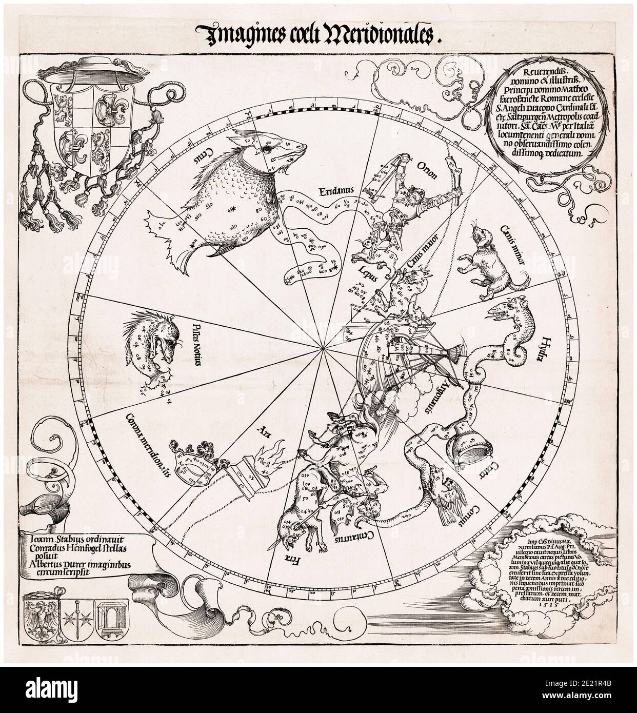 Himmelskarte der südlichen Hemisphäre, Sternenkarte, Sternzeichen, Druck, 1515 von Albrecht Dürer nach Conrad Heinvogel Stockfoto