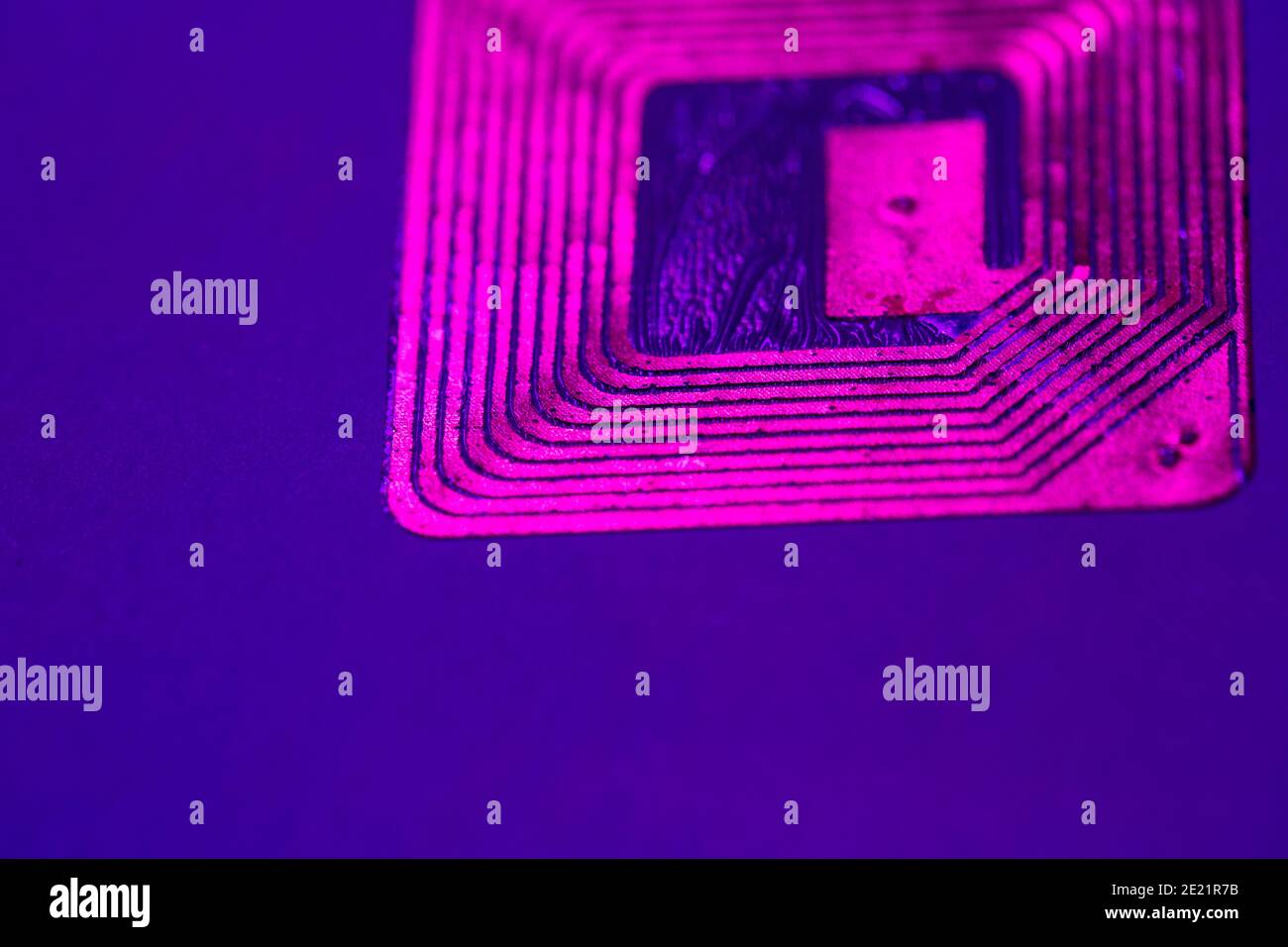 Nahaufnahme des RFID-Tags unter ultraviolettem Licht. Stockfoto