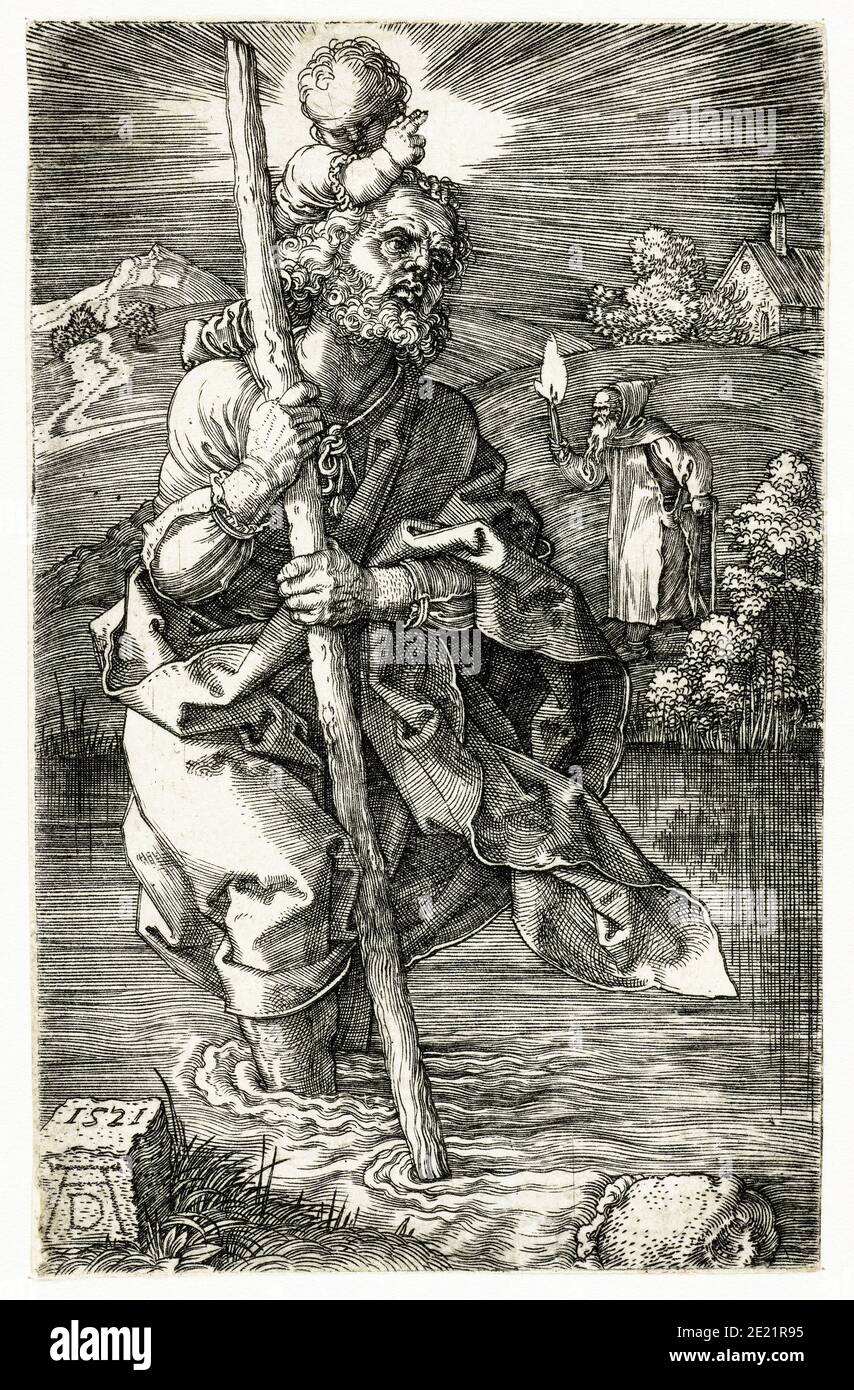 St. Christopher trägt das Christuskind, Stich von Albrecht Dürer, 1521 Stockfoto