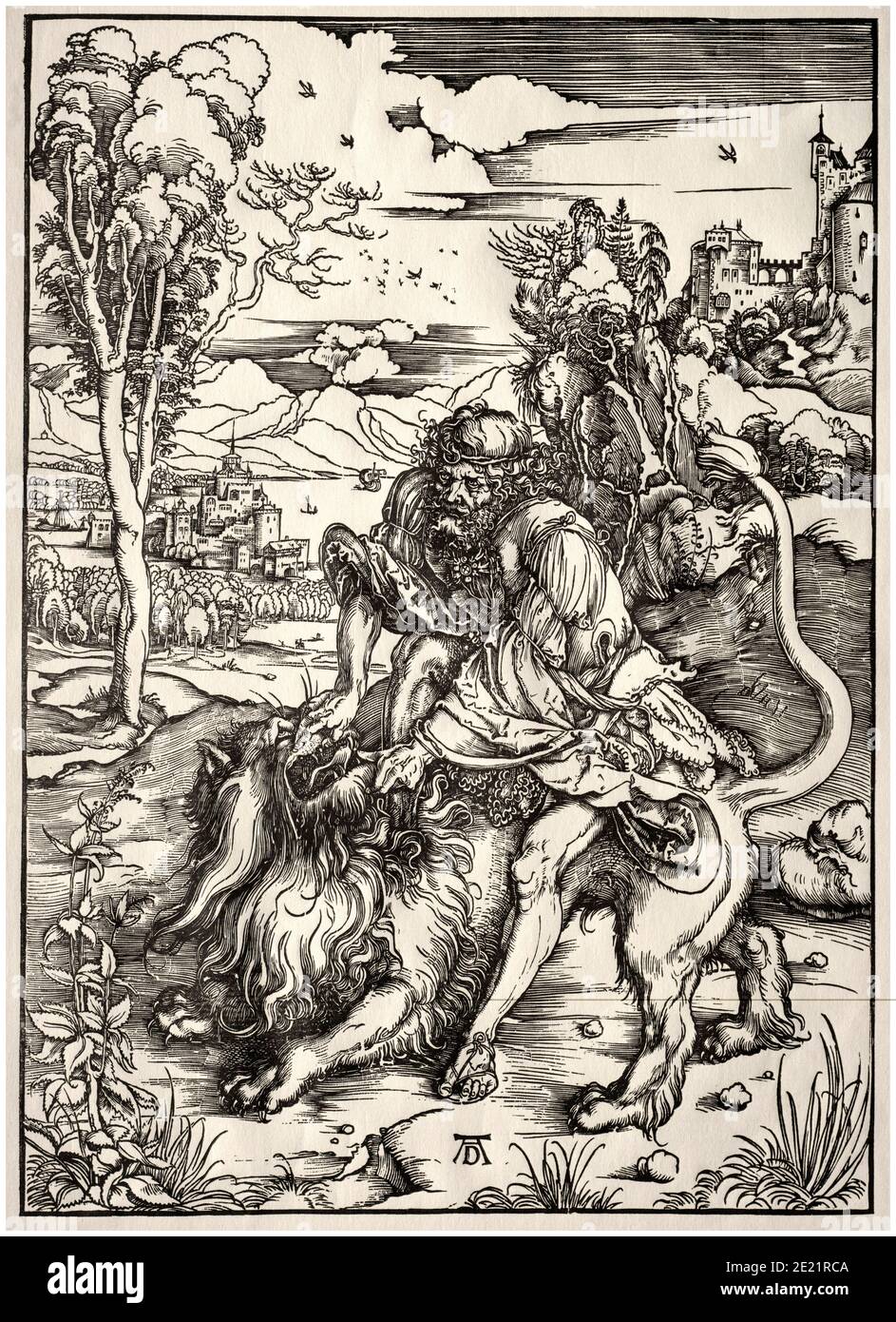 Samson Rending the Lion, Holzschnitt von Albrecht Dürer, 1497-1498 Stockfoto