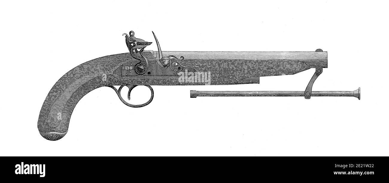 Baker's Improved Pistol Kupferstich aus der Encyclopaedia Londinensis oder, Universal Wörterbuch der Künste, Wissenschaften und Literatur; Band XX; herausgegeben von Wilkes, John. Veröffentlicht 1825 in London Stockfoto