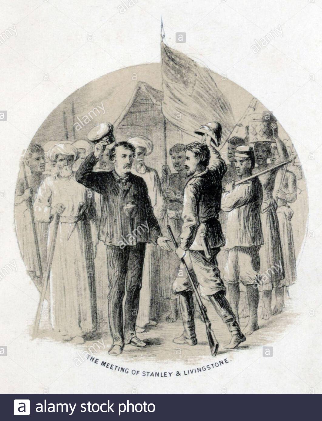 Das Treffen von Henry Morton Stanley und Dr. David Livingstone am 10. November 1871 in Ujiji in Tansania, wo Stanley die berühmten Worte äußerte; Dr. Livingstone, nehme ich an?', Vintage Illustration von 1880 Stockfoto