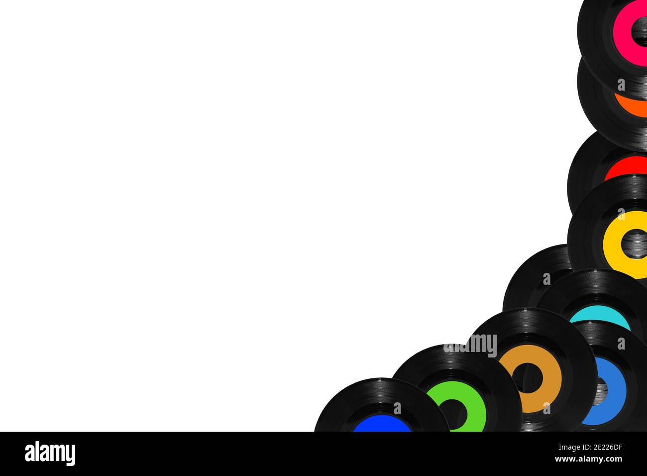 Border unten rechts Vinyl 45rpm Single Platte auf weiß mit Speicherplatz kopieren Stockfoto