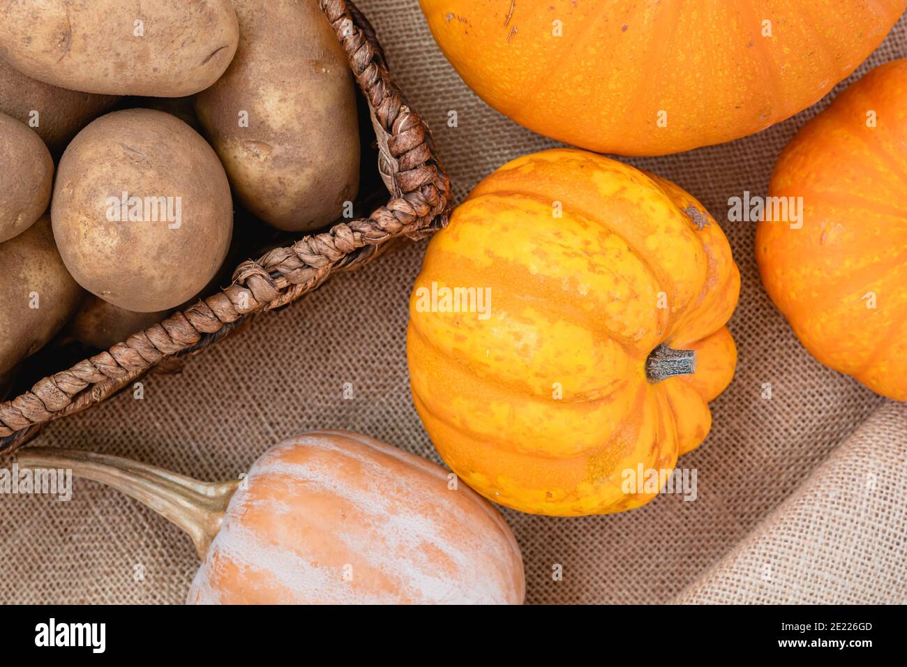 Kartoffeln in einem Korb und Kürbisse Nahaufnahme auf rustikal Hintergrund direkt von oben Stockfoto