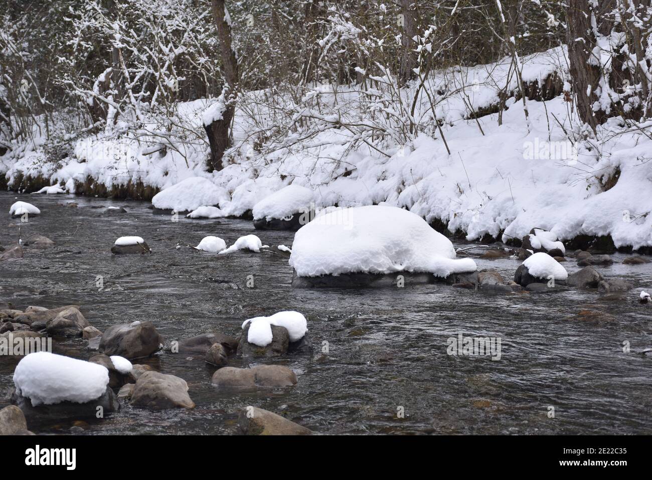 Filomena Schneesturm im Cidacos Tal. Steine in Ihrem Fluss von Schnee bedeckt. Stockfoto