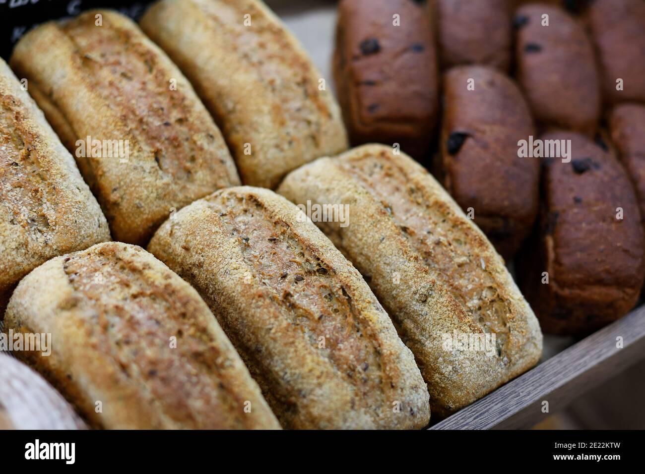 Laibe von hellem und dunklem Roggenbrot auf einem Regal in einer Bäckerei. Selektiver Fokus. Stockfoto