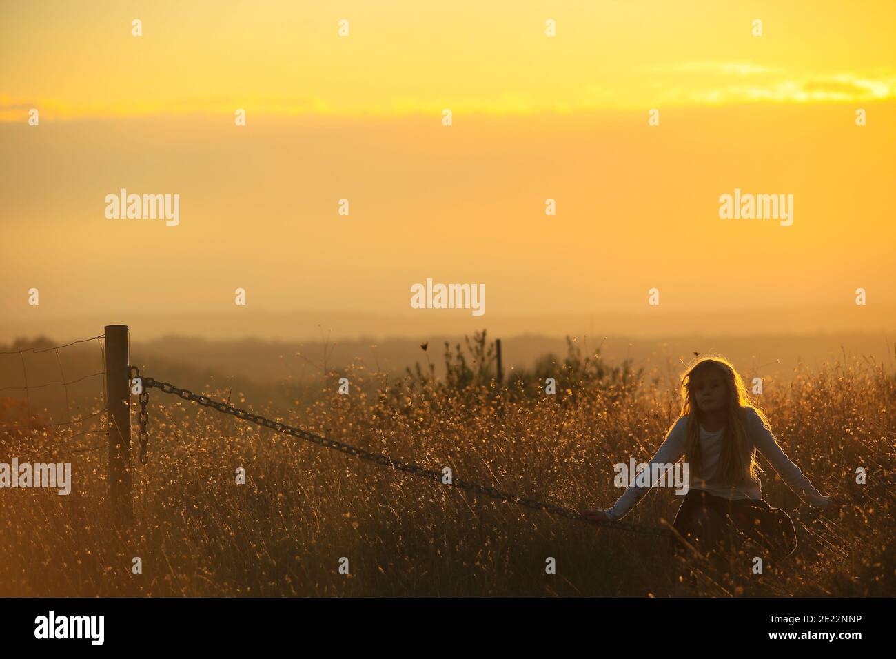 Junge Blonde Mädchen sitzt auf einer Kette in einem goldenen Sonnenuntergang Stockfoto