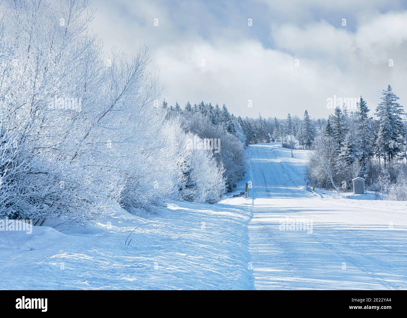 Schneebedeckte Nebenstraßen führen durch das ländliche Prince Edward Island, Kanada. Stockfoto