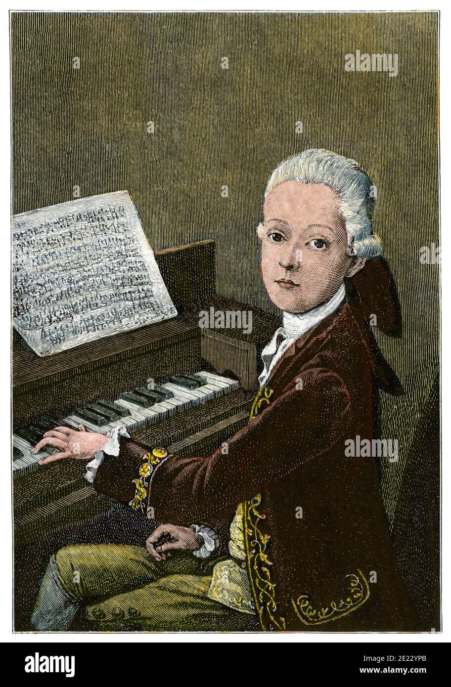 Mozart im Alter von 9 Jahren. Handkolorierter Holzschnitt Stockfoto