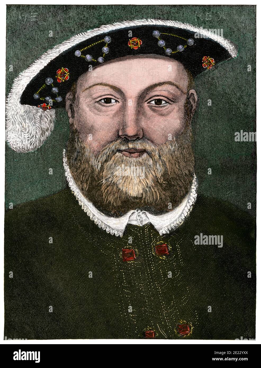 Heinrich VIII., König von England. Handkolorierter Holzschnitt Stockfoto