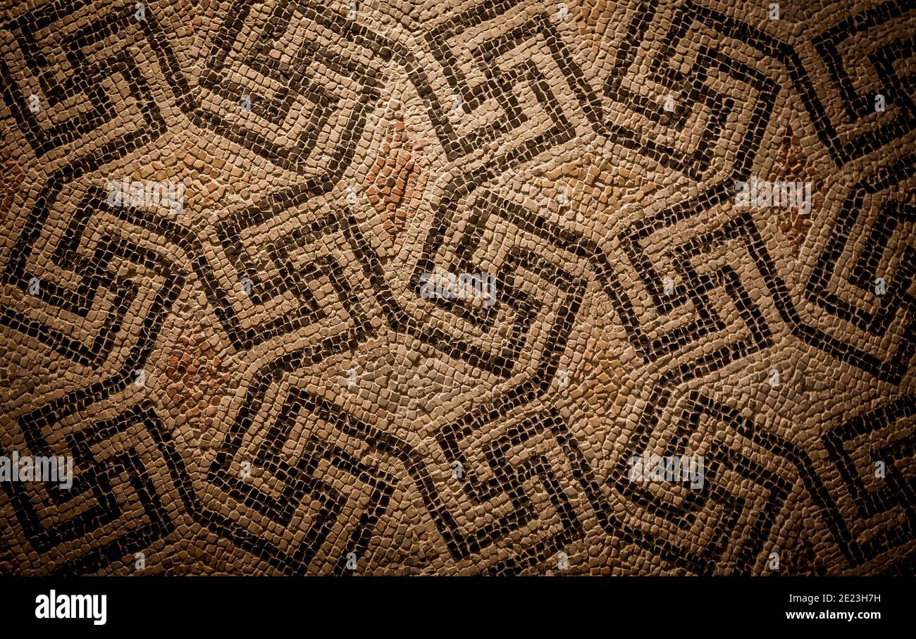 Swastika Symbol in alten keltischen Mosaik Dekoration. Design für einen alten Stil Hintergrund. Stockfoto