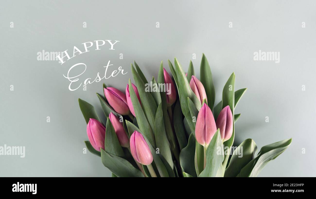 Frühlingszeit, frische Tulpenblüten mit Happy Easter Holiday Drehbuch Text auf grünem Hintergrund, Blütenstrauß. Stockfoto