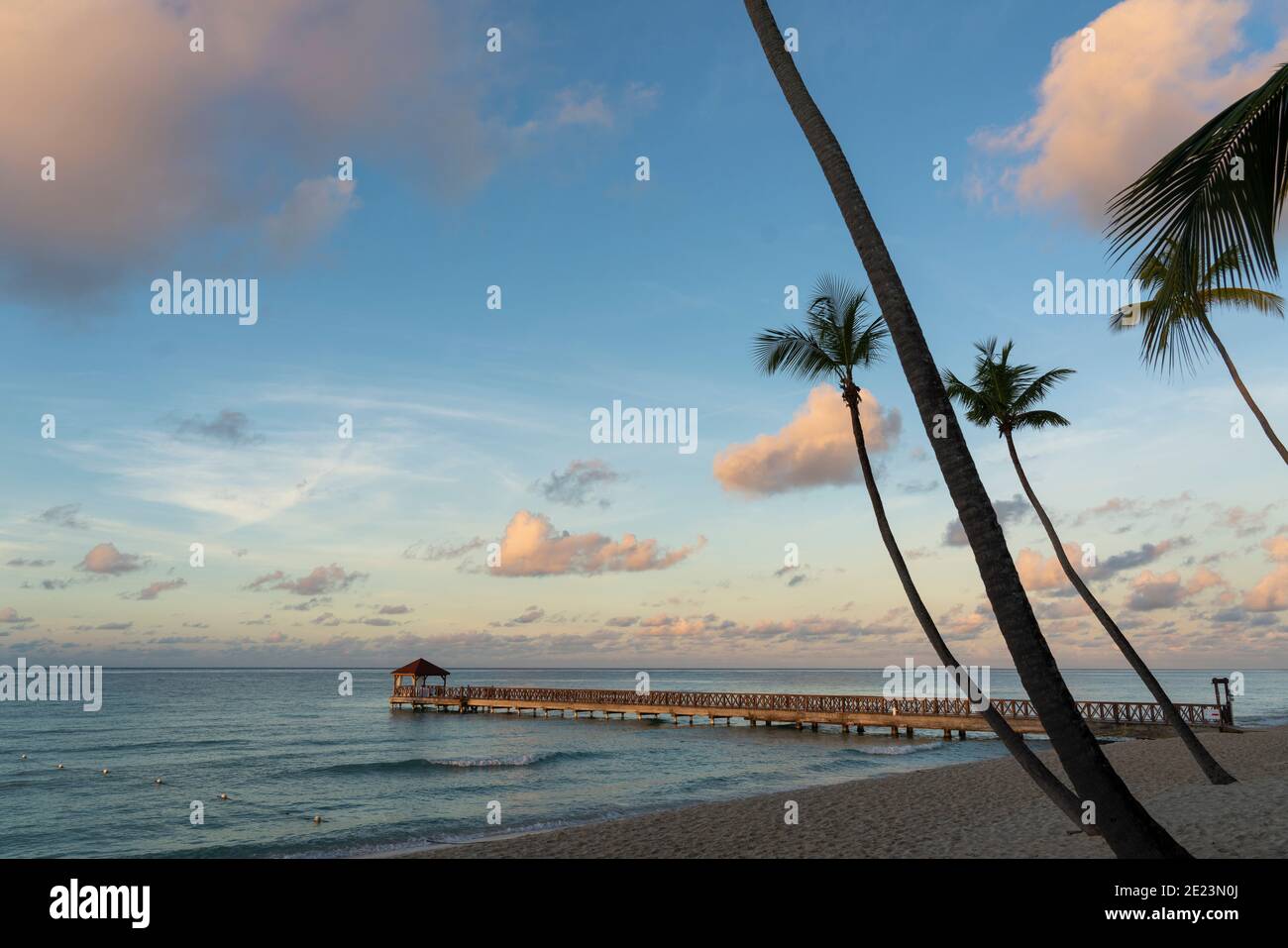 Holzdock über dem Wasser gesehen am Strand mit Palmen in Bayahibe, Dominikanische Republik. Stockfoto