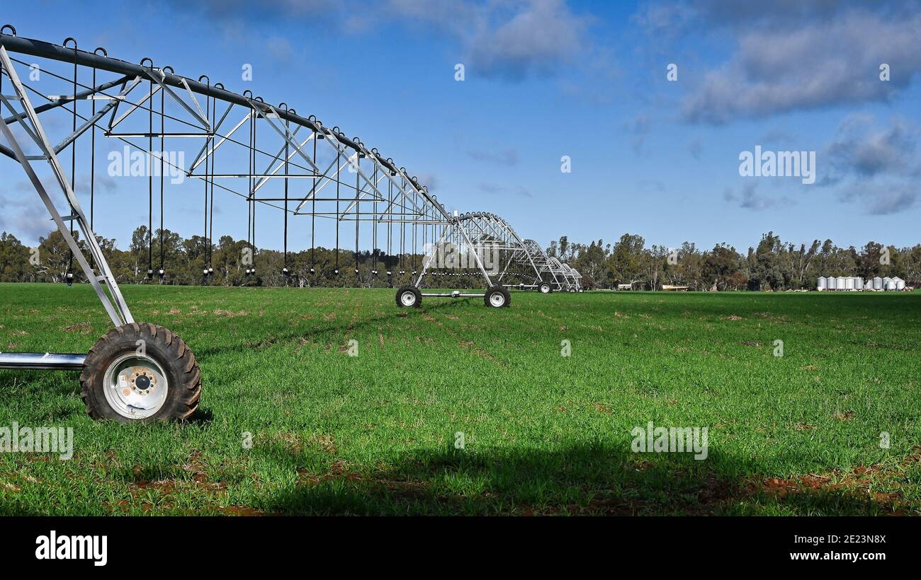 Nahaufnahme der mittleren Pivot-Bewässerung im Feld Stockfoto