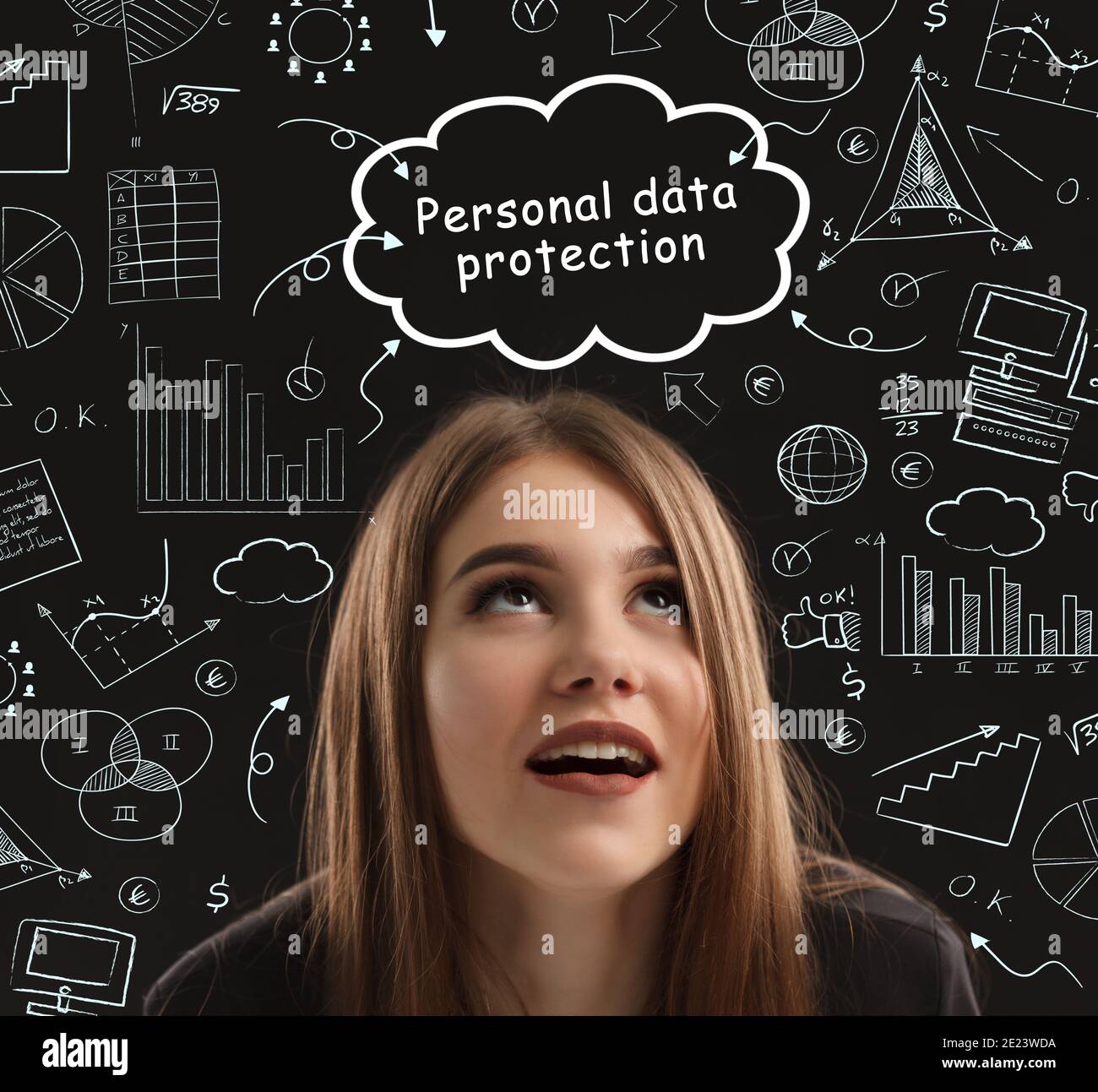 Business, Technologie, Internet und Netzwerkkonzept. Der junge Geschäftsmann denkt über die Schritte für erfolgreiches Wachstum nach: Den Schutz personenbezogener Daten Stockfoto