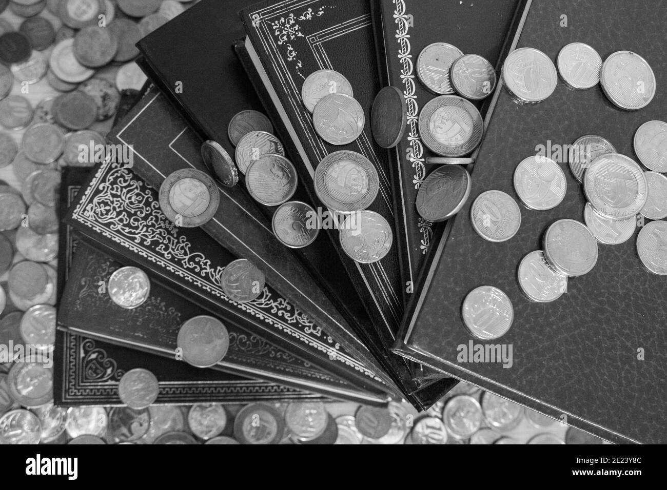 Stapel von verschiedenen und farbigen klassischen Büchern mit Münzen umgeben (Und einige Münzen darüber) [Schwarz-Weiß-Version] Stockfoto