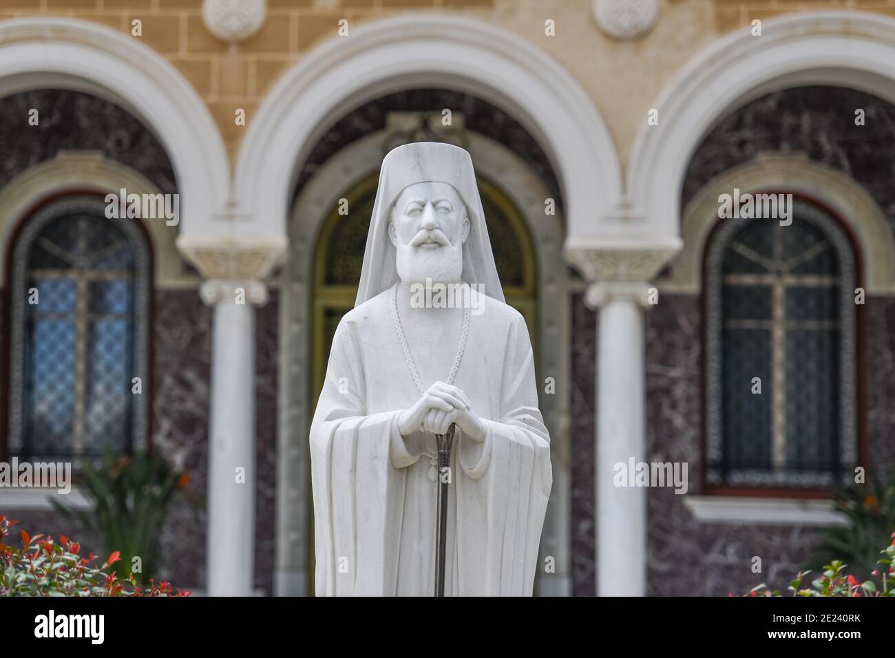 Bischofspalast, Statue, Makarios III., Nikosia, Republik Zypern Stockfoto