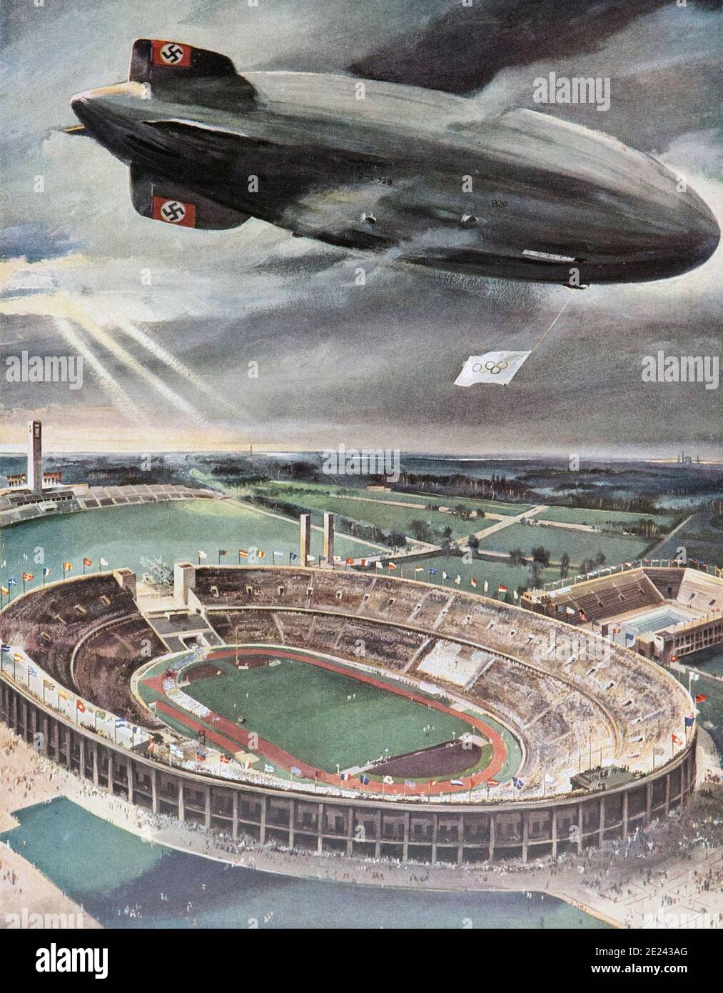 Das luftschiff "Hindenburg" über das reichssportfeld am Tag der Eröffnung der Spiele der XI. Olympischen Spiele, Berlin 1936 Stockfoto