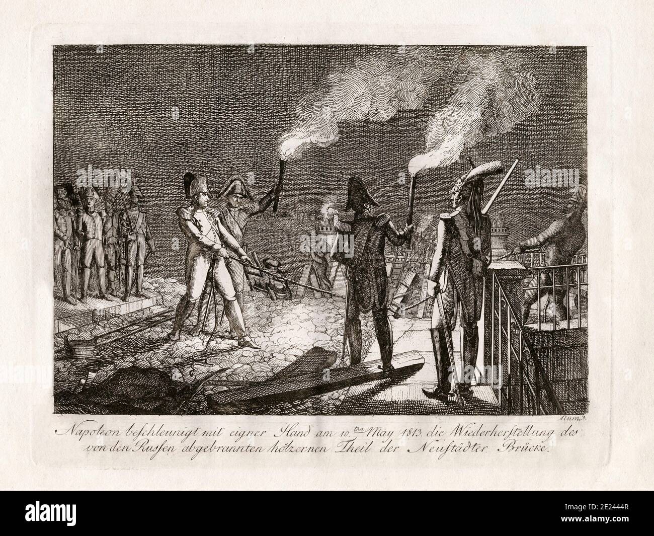 Napoleon, mit Hand seines Besitzers am 10. Mai 1813, beschleunigt die Wiederherstellung des hölzernen Teil der Neustadter Brucke, die von den Russen verbrannt. Stockfoto