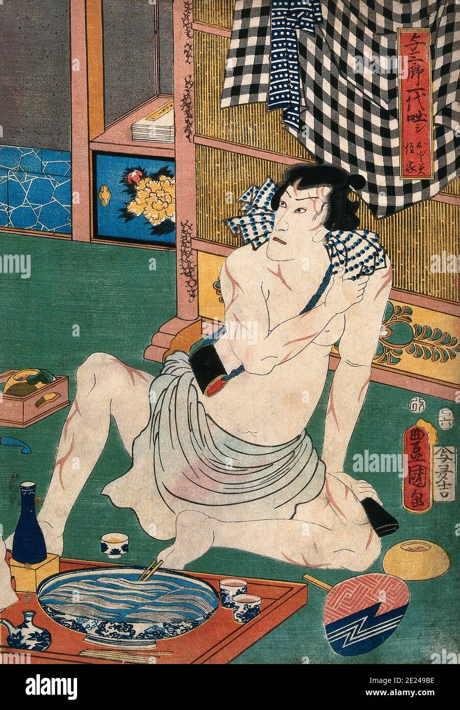Japan: 'Schauspieler Ichikawa Danjuro VIII. (1823-1854) in einem Lenden-Tuch', Holzschnitt von Utagawa Kunisada (1786-1865), 1857. Ichikawa Danjūrō war ein japanischer Kabuki-Schauspieler der prestigeträchtigen Ichikawa Danjūrō-Linie. Utagawa Kunisada, auch bekannt als Utagawa Toyokuni III, war der populärste und produktivste Designer von Ukiyo-e-Holzschnitten im Japan des 19. Jahrhunderts. Sein Ruf und sein finanzieller Erfolg übertrafen die seiner Mitgenossen bei weitem. Stockfoto