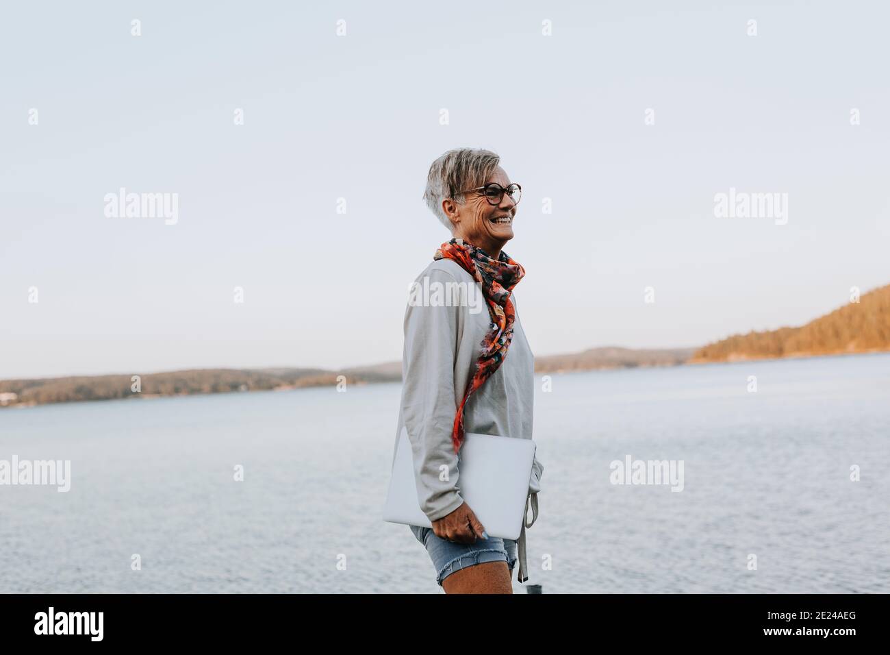 Frau auf See mit Laptop Stockfoto