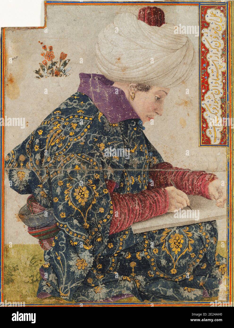 Türkei: 'Seated Scribe'. Porträtzeichnung des venezianischen Künstlers Gentile Bellini (1429-1507), c. 1479-1481. Dieses Gemälde, das heute im Isabella Stewart Gardner Museum in Boston untergebracht ist, spiegelt Bellinis Leidenschaft für die östlichen Kulturen wider. Ursprünglich von Fatih Sultan Mehmet II im Jahr 1479 beauftragt, nach Konstantinopel zu gehen, um zwei Jahre lang Porträts des Sultans zu malen, war der venezianische Maler stark von osmanischen Traditionen und Moden beeinflusst. Stockfoto