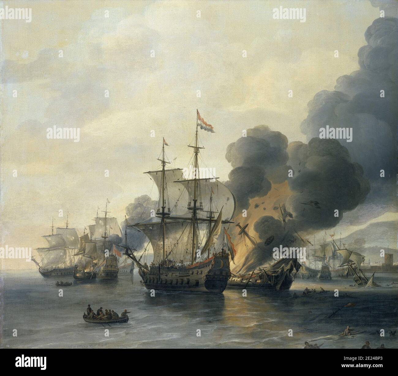 Maritime: 'Die Schlacht von Leghorn, 4. März 1653'. Öl auf Leinwand Gemälde von Willem Hermansz van Diest (c. 1600-1678), Mitte des 17. Jahrhunderts. Die Seeschlacht von Leghorn (die Holländer nennen die Begegnung mit dem italienischen Namen Livorno) fand am 14. März (4. März Old Style) 1653, während des ersten Anglo-Niederländischen Krieges, in der Nähe von Leghorn (Livorno), Italien. Es war ein Sieg einer holländischen Flotte unter Commodore Johan van Galen über eine englische Staffel unter Captain Henry Appleton. Danach kam eine englische Flotte unter Kapitän Richard Badiley, die Appleton zu erreichen versucht hatte, aber war unternumeriert und floh. Stockfoto