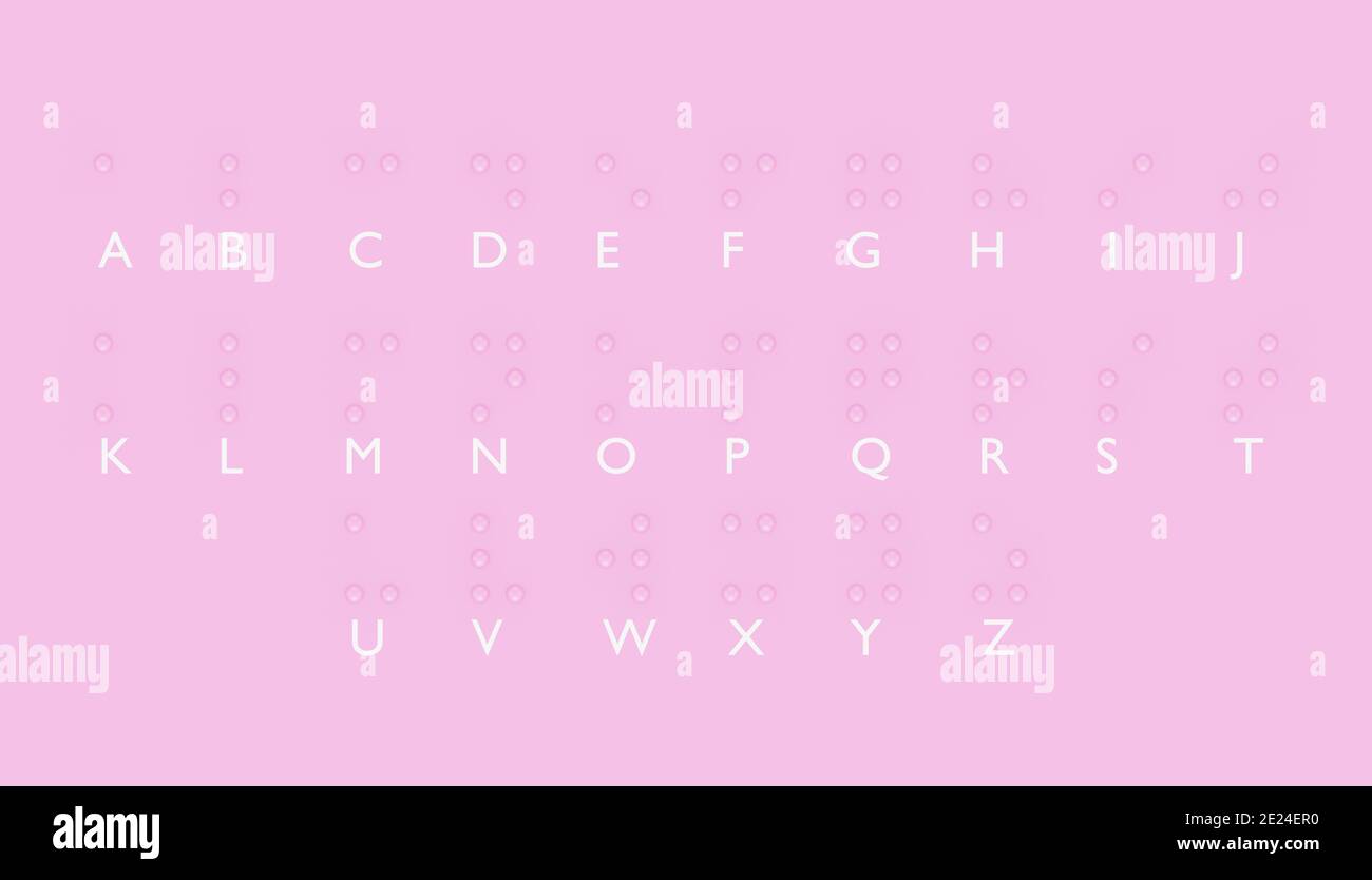 Braille Punkte Alphabet für Sehbehinderte. Aus rosa Kugeln geformt, 3d-Rendering Stockfoto