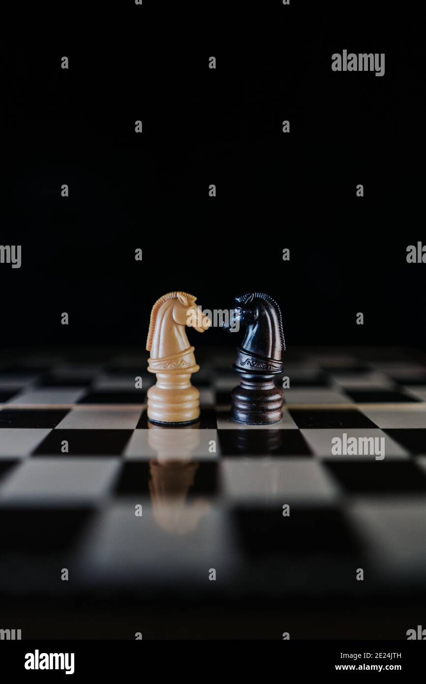 Zwei Pferde-Stücke einander gegenübergestellt auf einem Schachbrett in einem dunklen Stil. Interracial Liebe Konzept. Vertikal Stockfoto