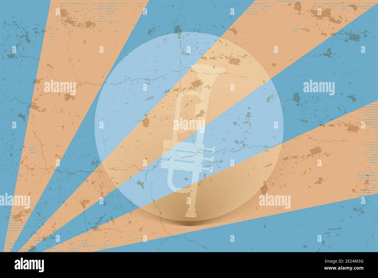 Bebildertes Poster mit Retro Trompete im klassischen alten Design mit Kratzern, Linien in hellblauen und beigen Nuancen Stockfoto