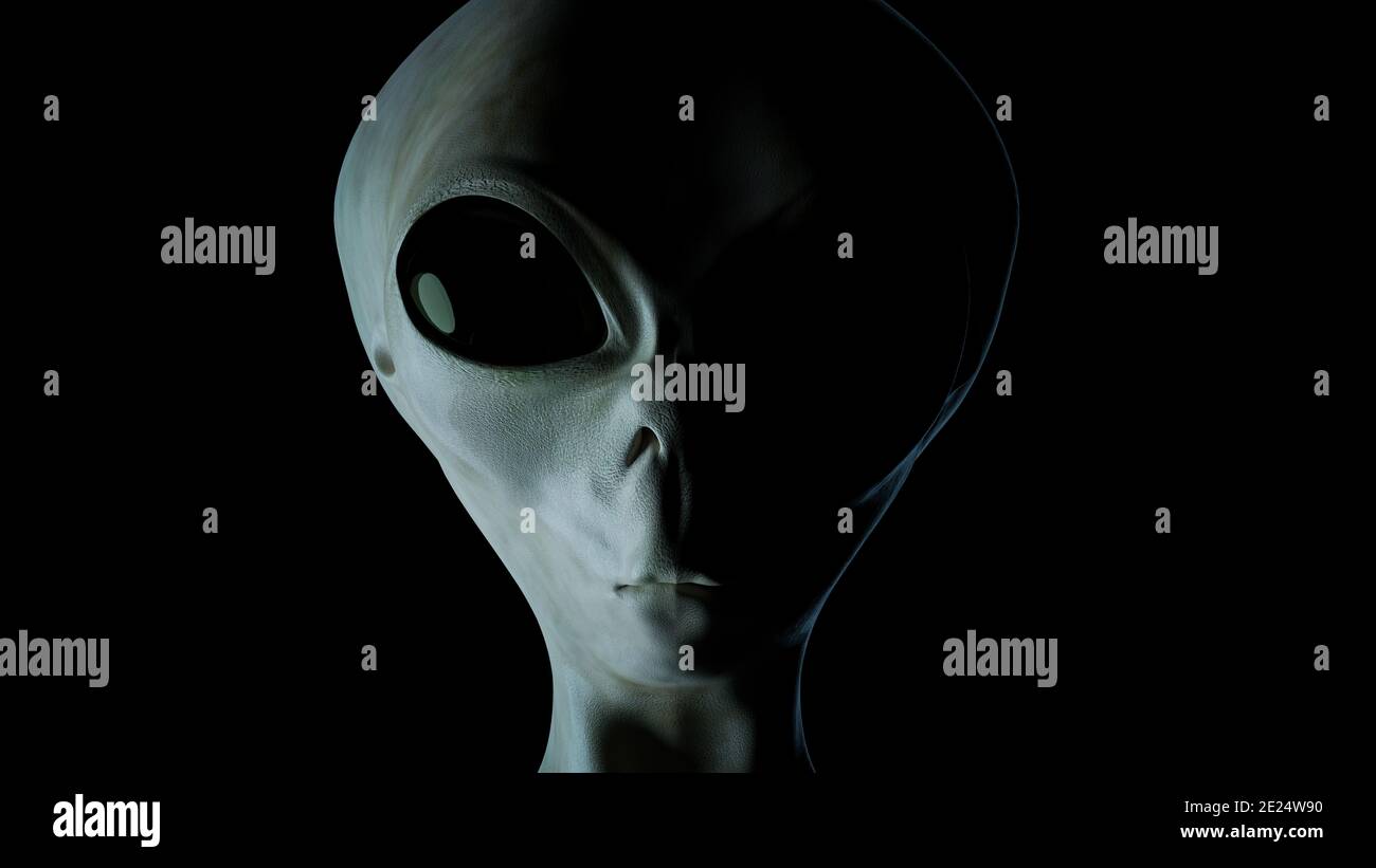 Aliens Gesicht auf schwarzem Hintergrund. UFO und außerirdisches Leben Konzept. 3D-Darstellung. Stockfoto