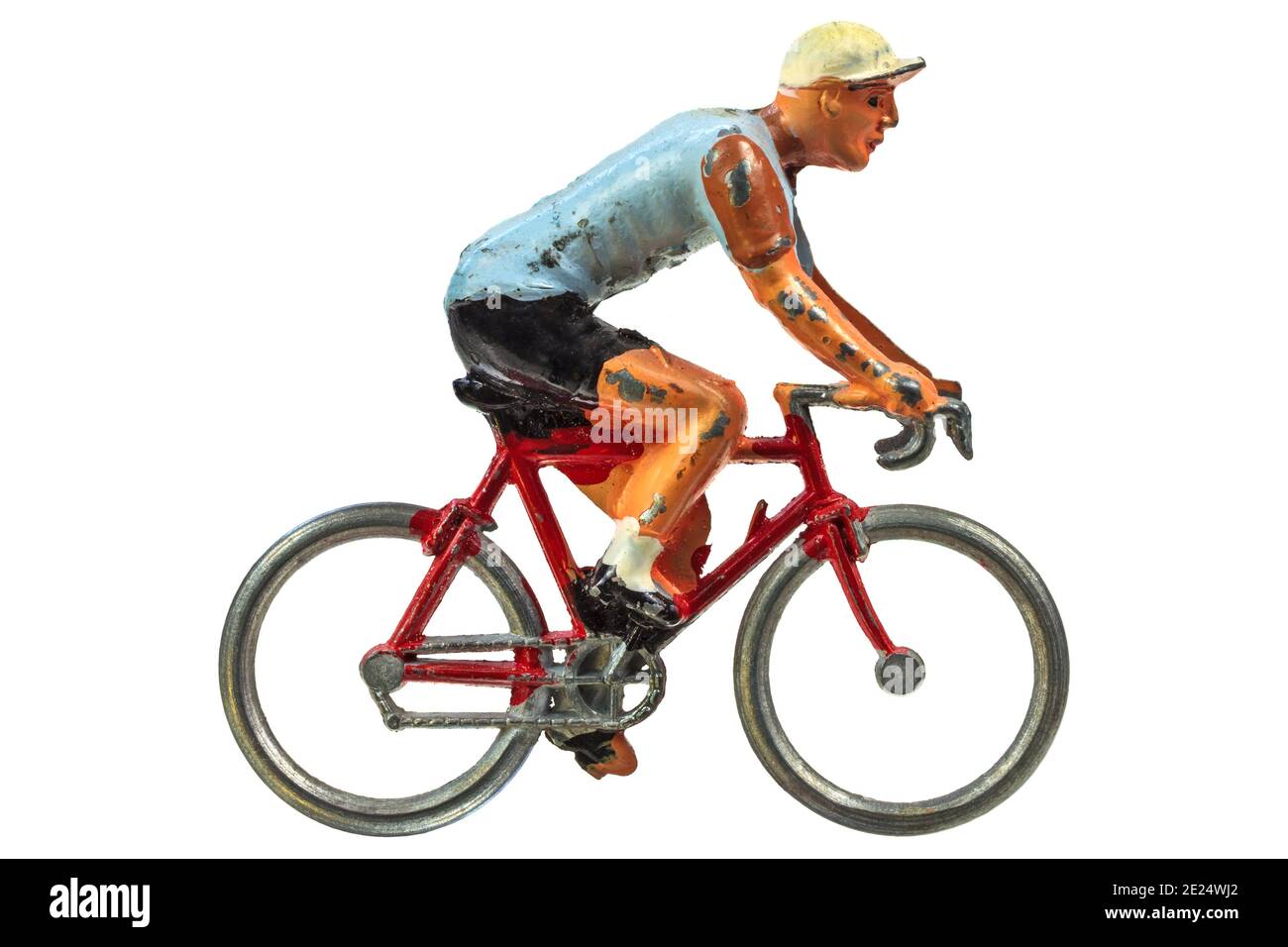 Vintage Miniatur Sport Radfahrer isoliert auf einem weißen Hintergrund Stockfoto