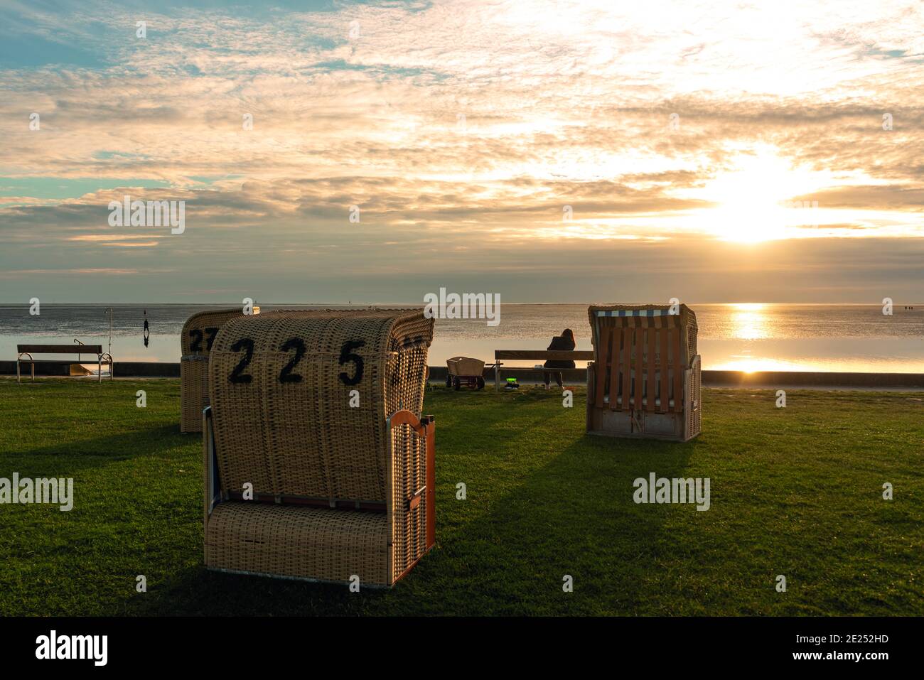 Strandkörbe am Grasstrand, Dorum-Neufeld, Niedersachsen, Deutschland, Europa Stockfoto