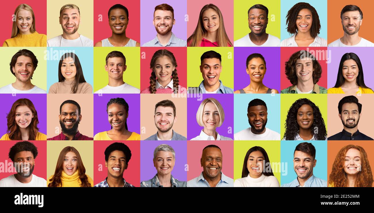 Mehrere Porträts Von Multiethnischen Menschen In Collage Über Bunte Hintergründe Stockfoto