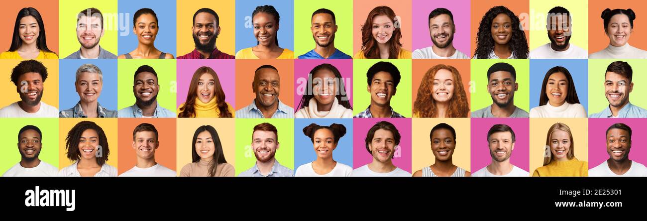 Multirassische Menschen Gesichter Lächelnd Posiert Über Verschiedenen Pastel Farbigen Hintergründe Stockfoto