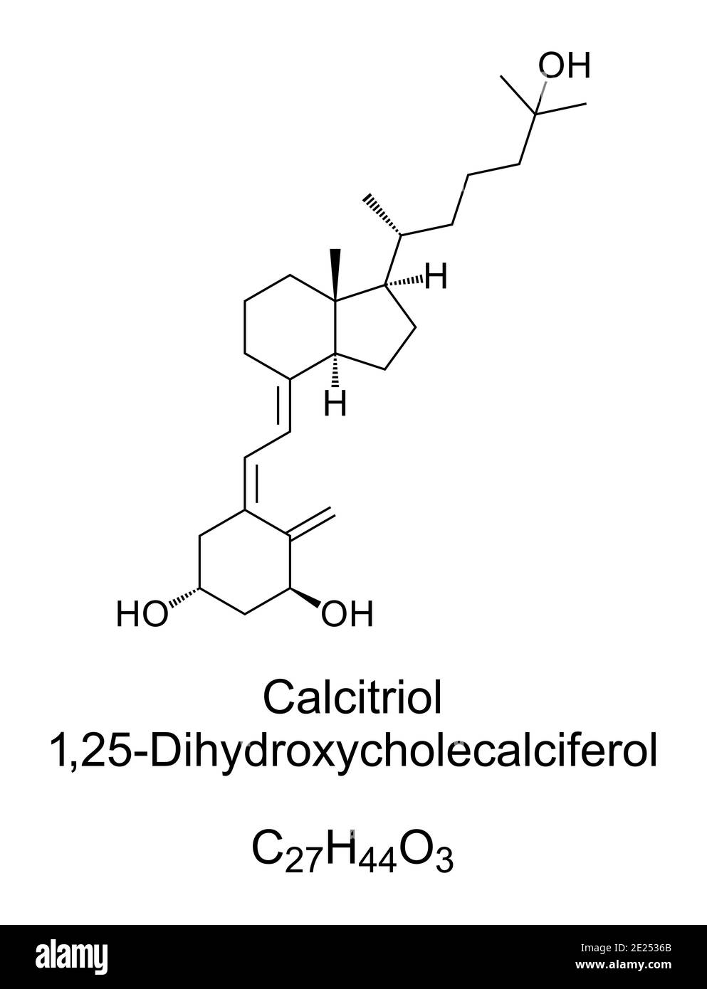 Calcitriol, chemische Struktur und Skelettformel. Die aktive Form von Vitamin D, in der Niere hergestellt, auch ein Medikament. Stockfoto