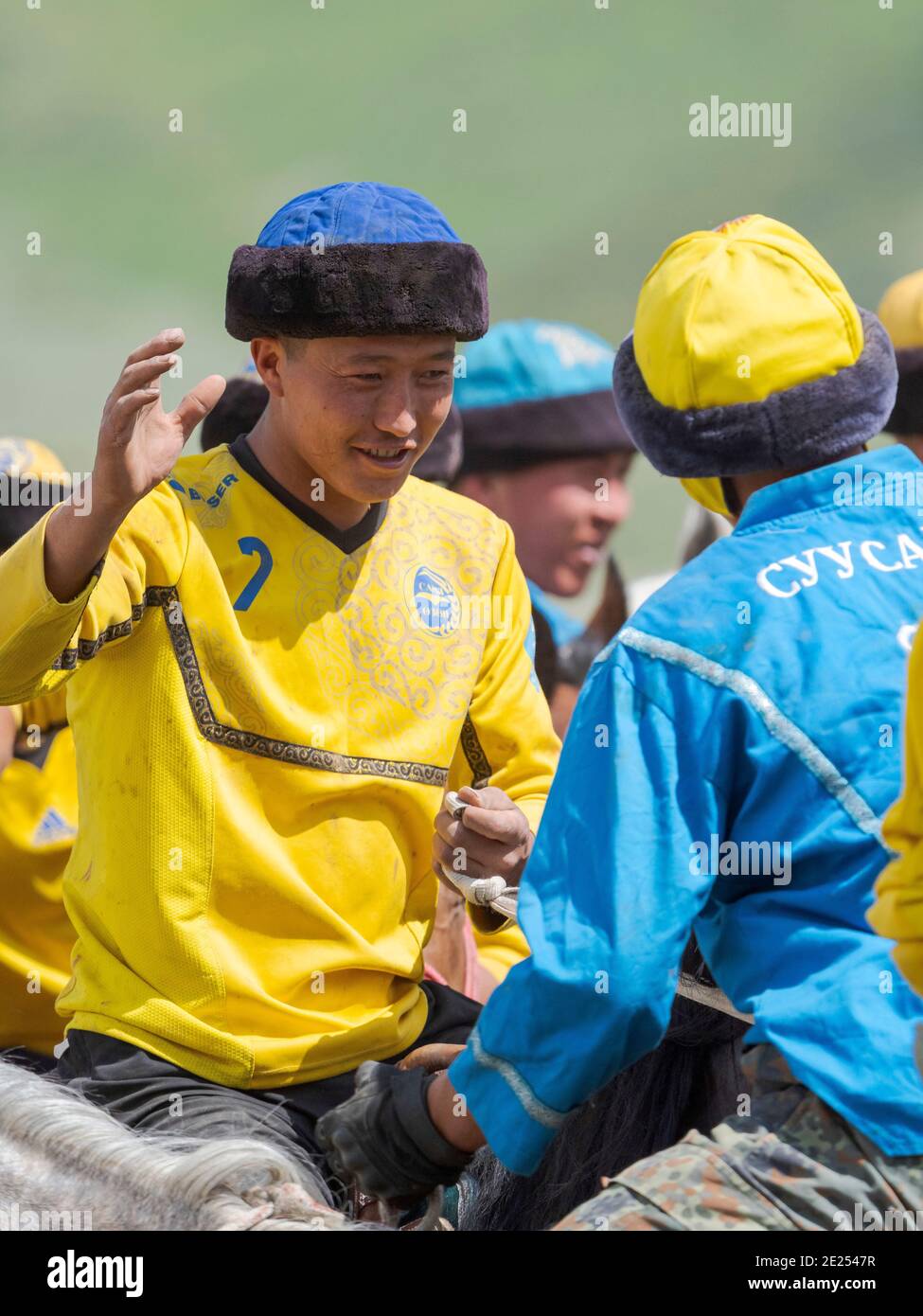 Ende des Spiels. Kok Boru (Buzkashi), traditioneller Reitsport. Festival auf der Suusamyr Ebene zum Gedenken an Herrn Koshkomul, ein Sportler und f Stockfoto