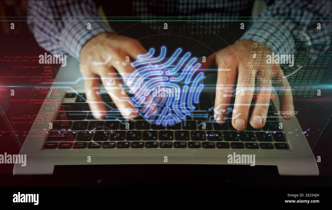 Fingerabdruck-Symbol, Authentifizierungstechnologie, Identifikation, digitaler Fußabdruck, Computersicherheitszugang, Identität, Cyber-id-Konzept. Futuristisches abs Stockfoto