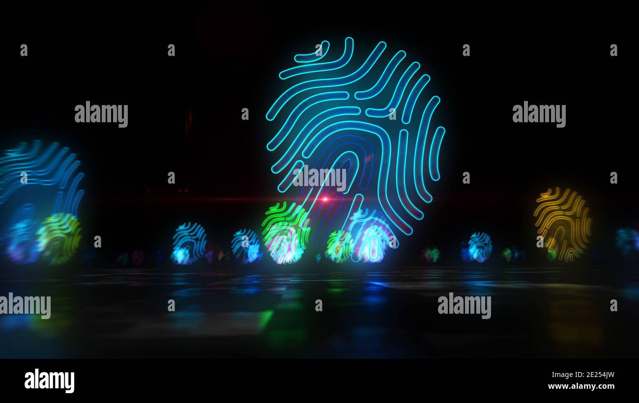 Fingerabdruck-Symbol, Authentifizierungstechnologie, Identifikation, digitaler Fußabdruck, Computersicherheitszugang, Identität, Cyber-id-Konzept. Futuristisches abs Stockfoto