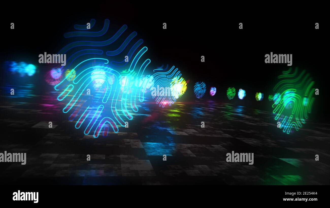 Fingerabdruck-Symbol, Authentifizierungstechnologie, Identifikation, digitaler Fußabdruck, Computersicherheitszugang, Identität, Cyber-id-Konzept. Futuristisches abs Stockfoto