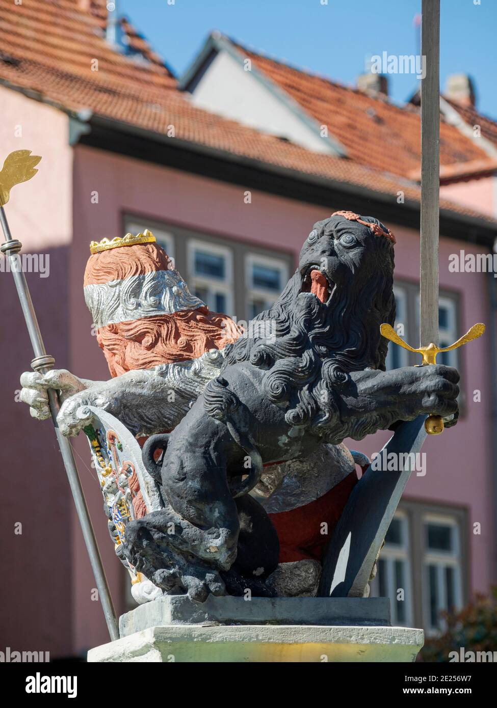 Der Rathausbrunnen wurde 1582 erbaut. Die mittelalterliche Stadt und Therme Bad Langensalza in Thüringen. Europa, Mitteleuropa, Deutschland Stockfoto