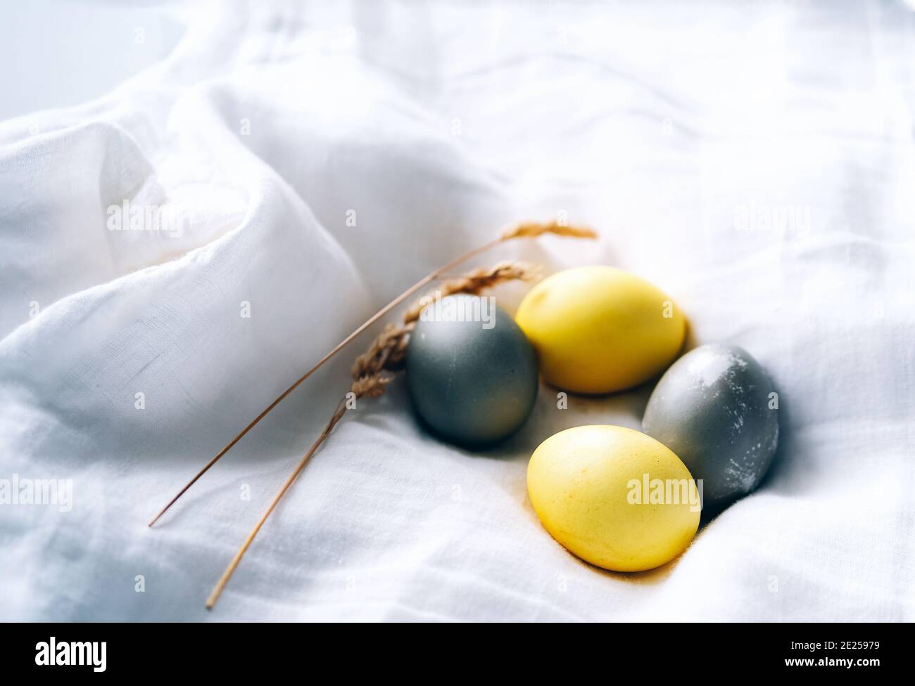 Bio natürlich gefärbte gelbe und graue Ostereier. Stilvolle Einrichtung für Ferienimmobilie. Stockfoto