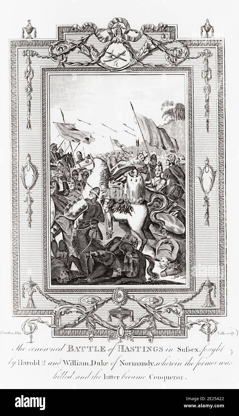 König Harold von England wird während der Schlacht von Hastings am 14. Oktober 1066 gegen Wilhelm, den Herzog der Normandie, tödlich durch einen Pfeil im Auge verletzt. Stich aus der Neuen, unparteiischen und vollständigen Geschichte Englands von Edward Barnard, veröffentlicht in London 1783. Stockfoto